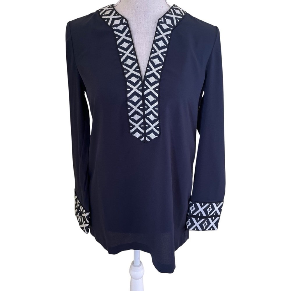 Tory Burch Navy Blue/White Ariana Taped Detail Tunic 0
